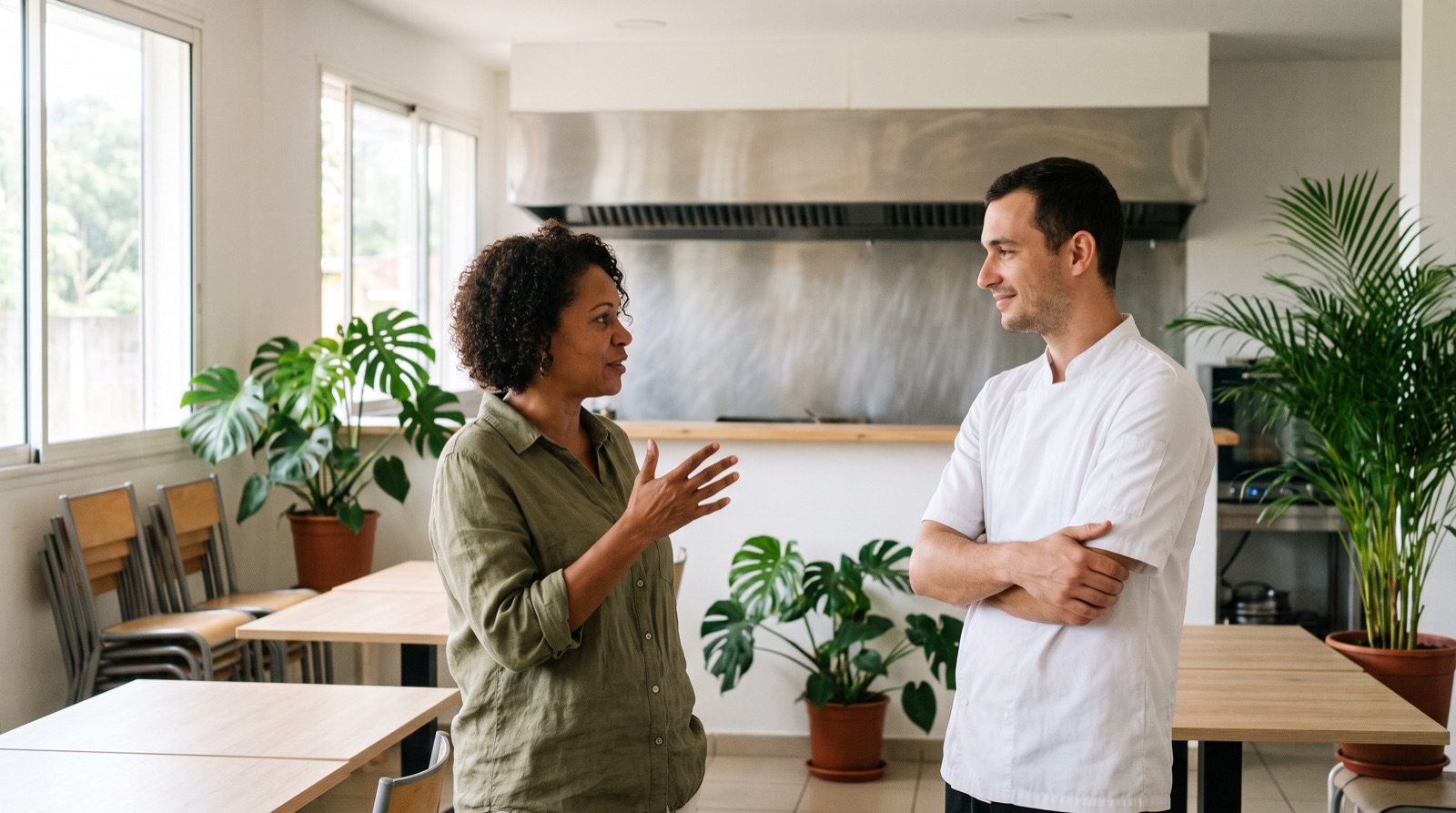 Dans la salle presque prête d'un restaurant, la future gérante explique son projet au chef, bras croisés et sourire, devant la cuisine ouverte en inox.