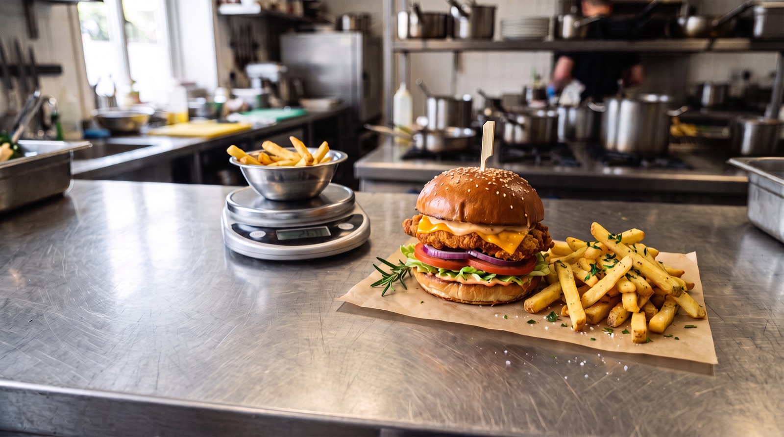 Un burger de poulet croustillant et ses frites sur un plan de travail en inox, à côté d’une balance de cuisine qui pèse une portion de frites.