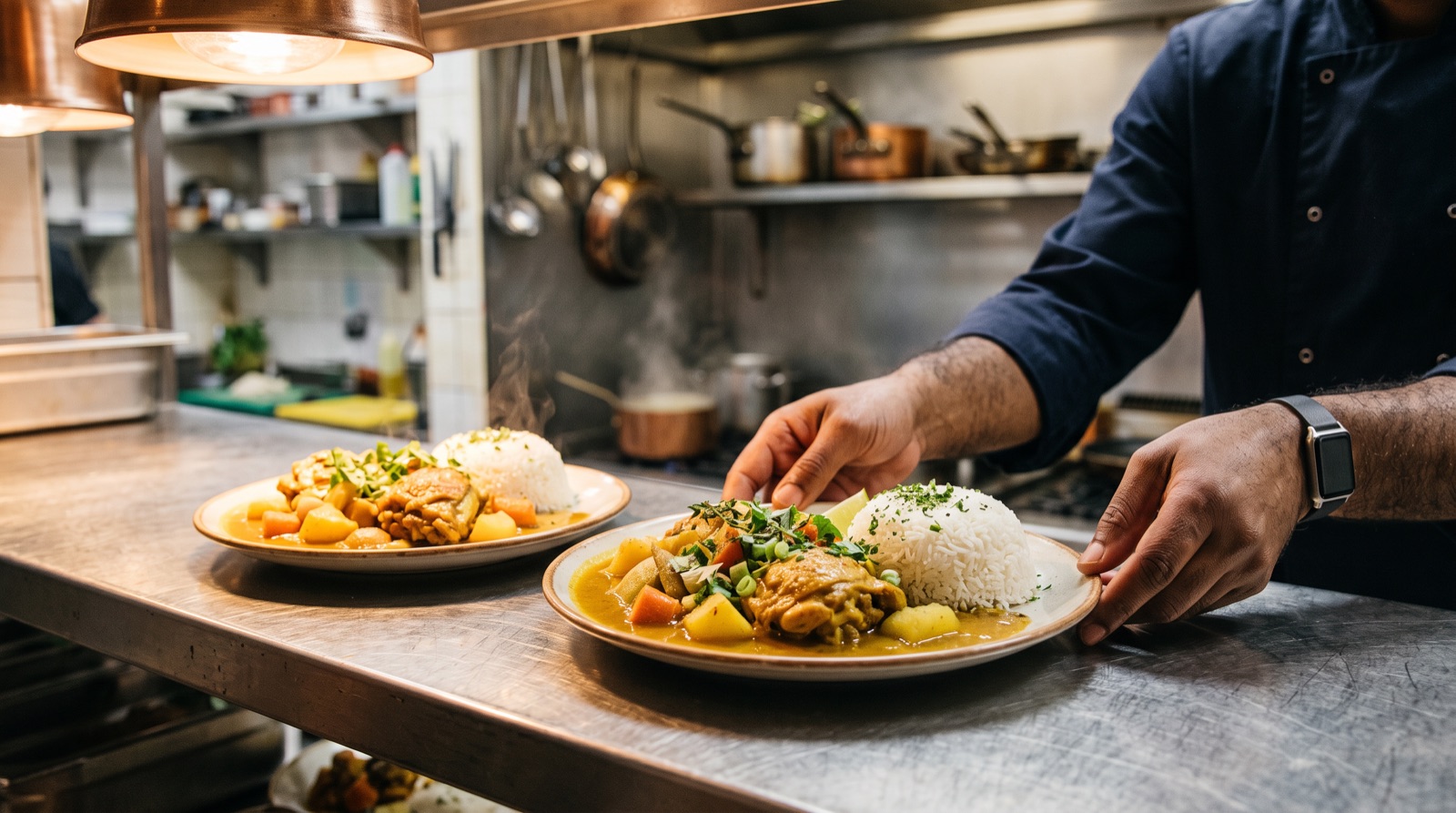 Sur le passe en inox d'une cuisine professionnelle, un cuisinier pose une assiette de colombo de poulet, légumes et riz blanc, à côté d'une seconde assiette identique.