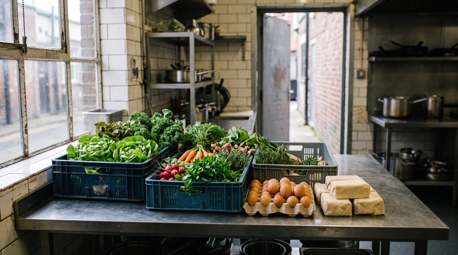 Caisses de salades, carottes, radis et herbes fraîches, plateau d'œufs bruns et plaquettes de beurre emballées de papier uni, posés sur une table inox dans une cuisine professionnelle.