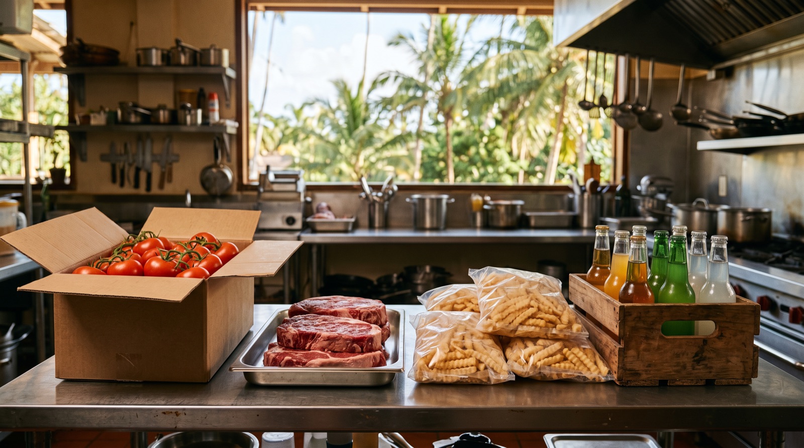Comptoir inox d'une cuisine tropicale : carton de tomates, steaks de bœuf sur un plateau, sacs de frites surgelées et caisse de boissons devant des palmiers.