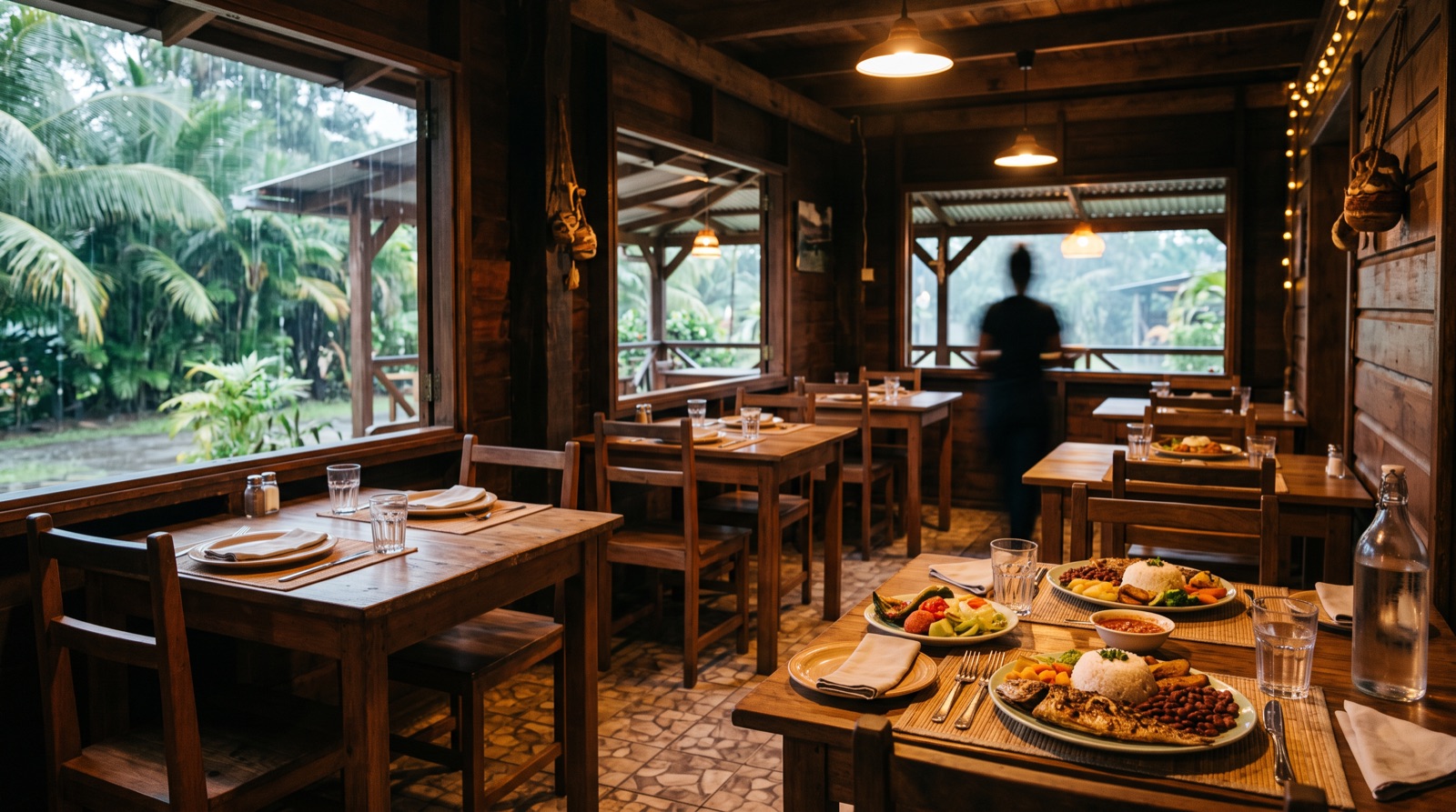 Salle d’un petit restaurant en bois en Guyane, tables dressées dont une servie d’un poisson grillé, riz, haricots rouges et bananes plantain, sous une averse tropicale visible par les fenêtres.