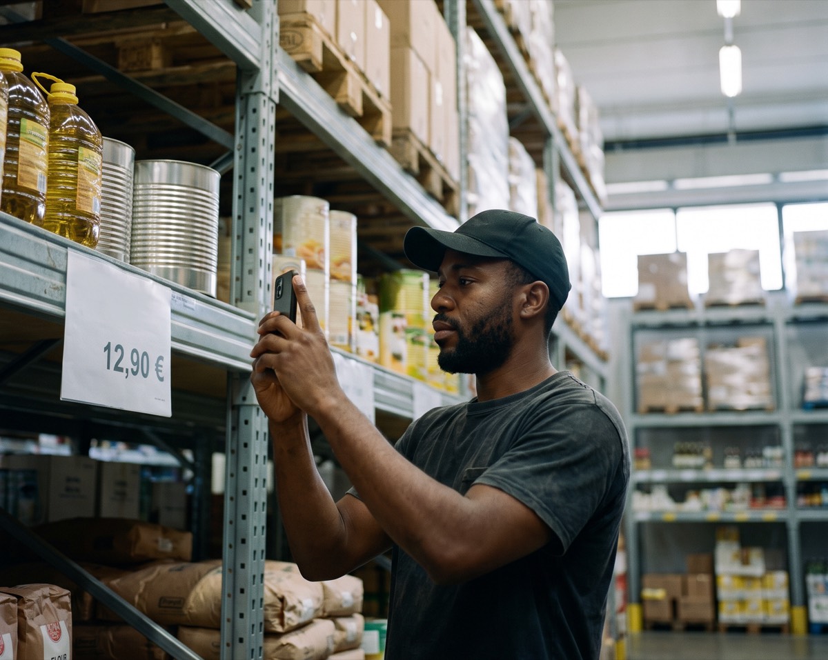 Un ristoratore fotografa un prodotto e la sua etichetta del prezzo in una corsia di un cash & carry.