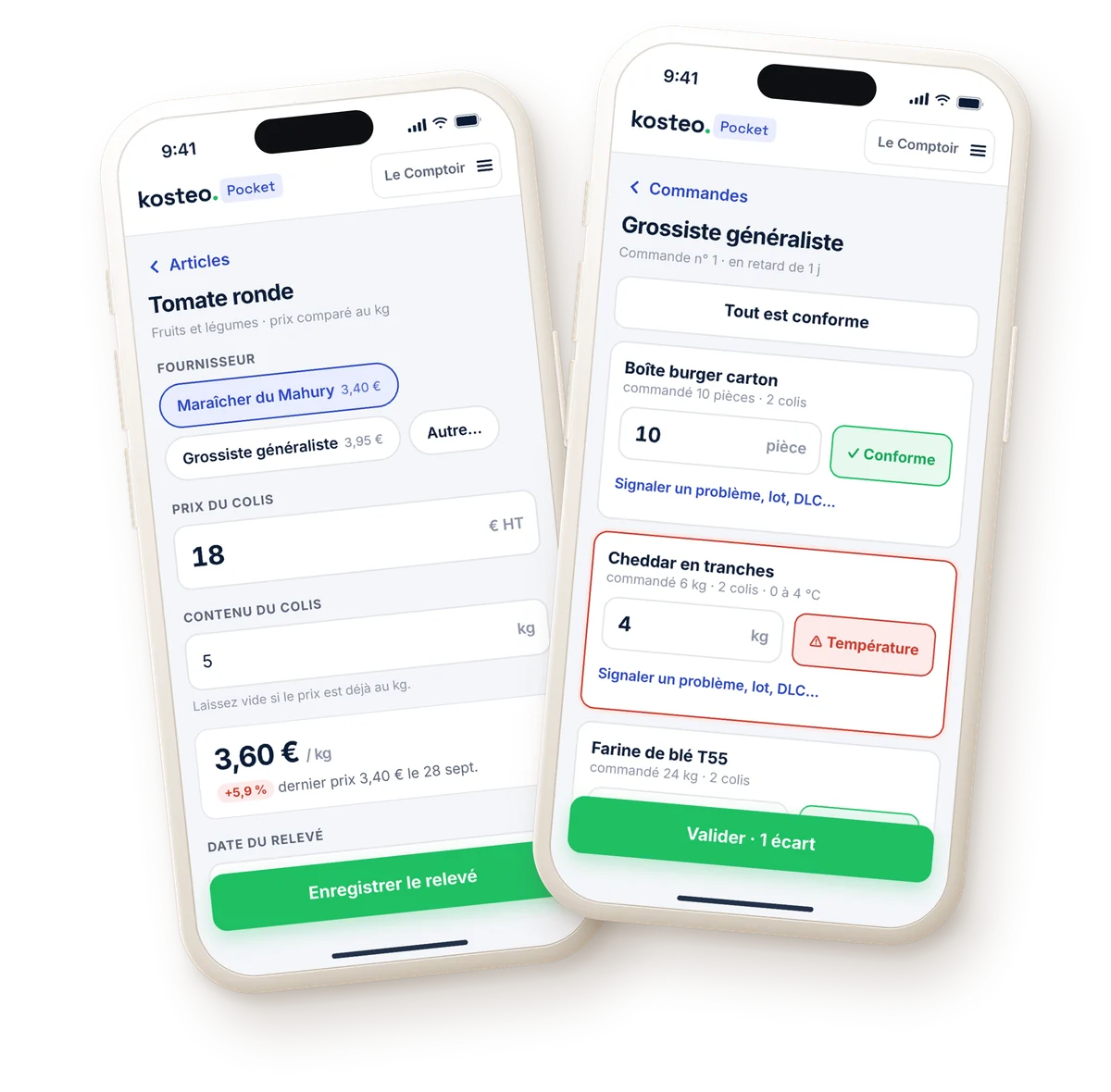Kosteo Pocket su due iPhone: rilevare il prezzo di una confezione e controllare il ricevimento di un ordine.